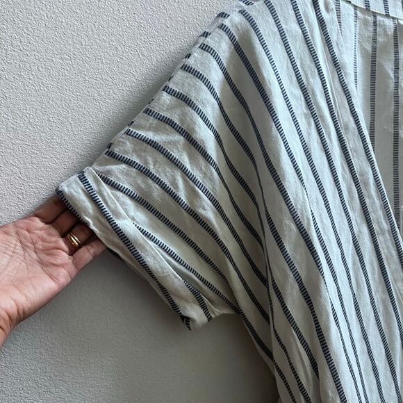 GAP Cotton Linen Blend Short Sleeve Wrap-Front Blue Stripe Dress Women's Size 16 - Picture 5 of 7